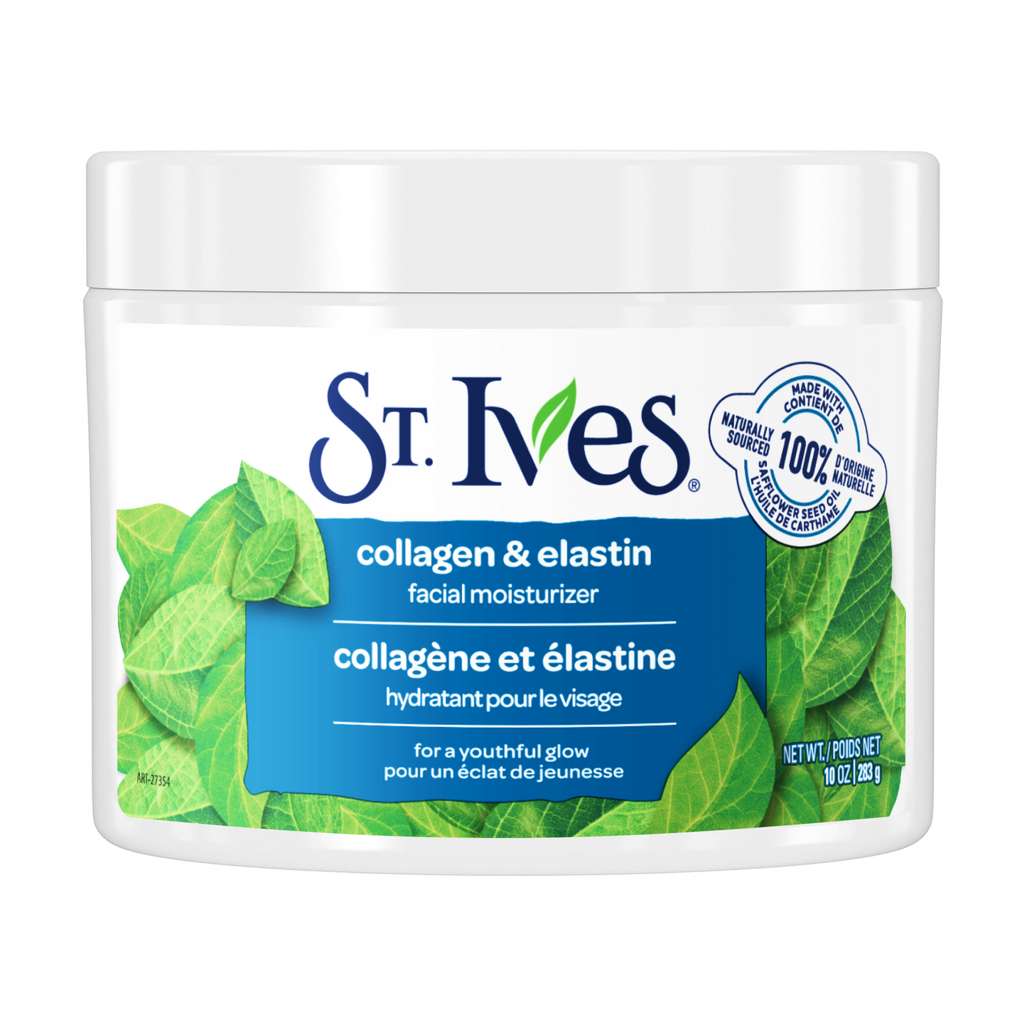 St. Ives collagen & elastin facial moisturizer jar with green leaf label
